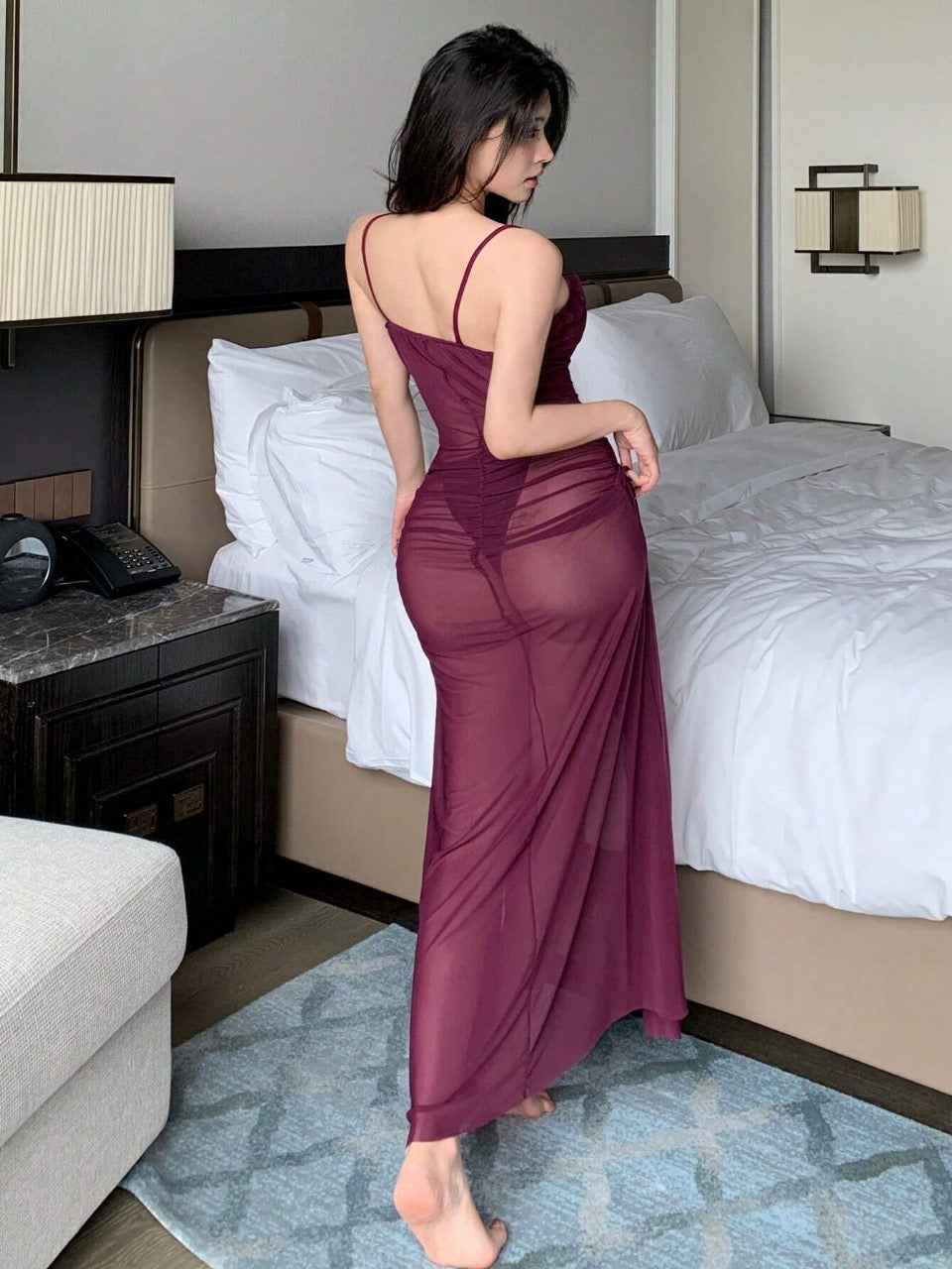 DAZY Sheer Mesh High Slit Hollow Out Ruffle Trim Decor Cami Sexy Nightgown