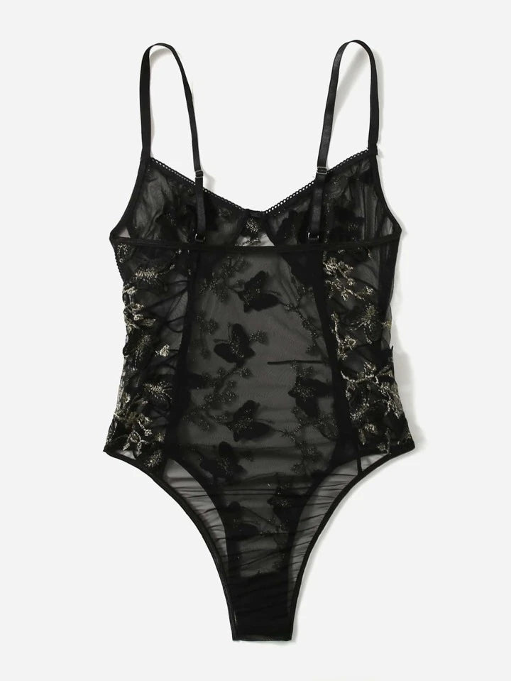 Embroidered Mesh Lace-up Teddy Bodysuit
