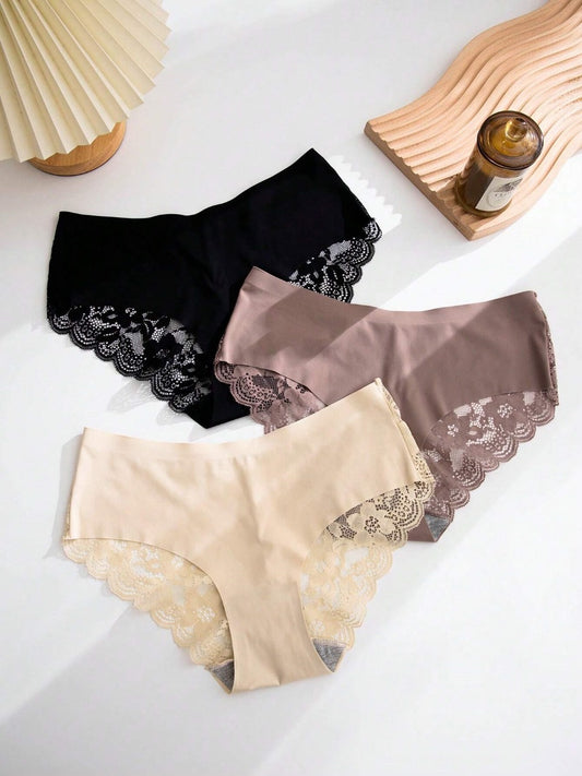 3pcs Contrast Lace Scallop Trim Brief Lingerie