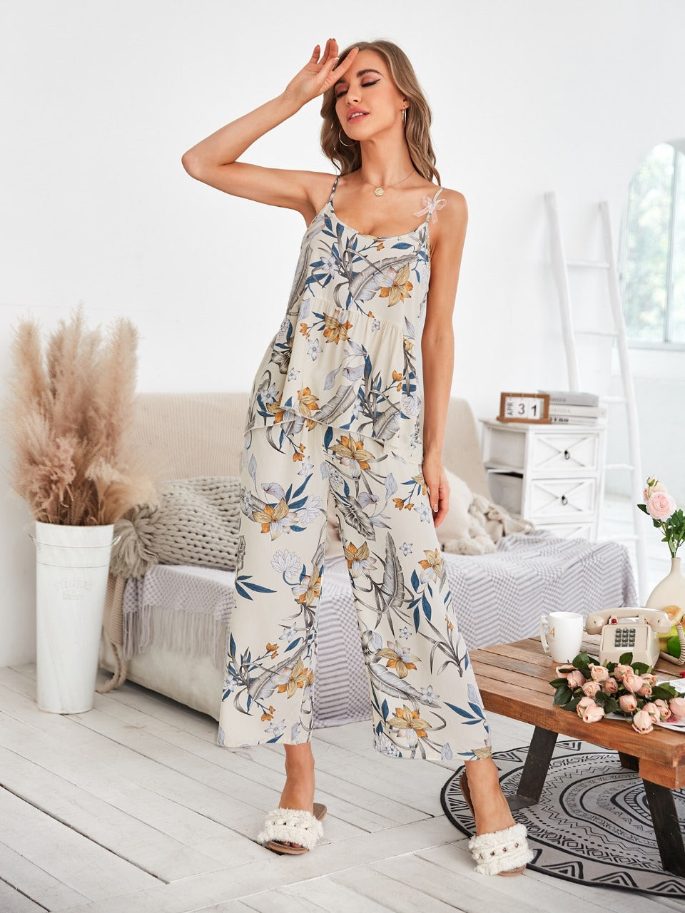 3pcs Floral Print Bow Detail PJ Set