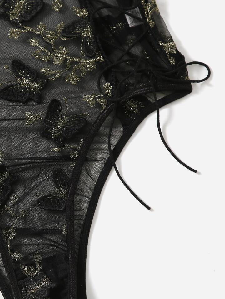 Embroidered Mesh Lace-up Teddy Bodysuit