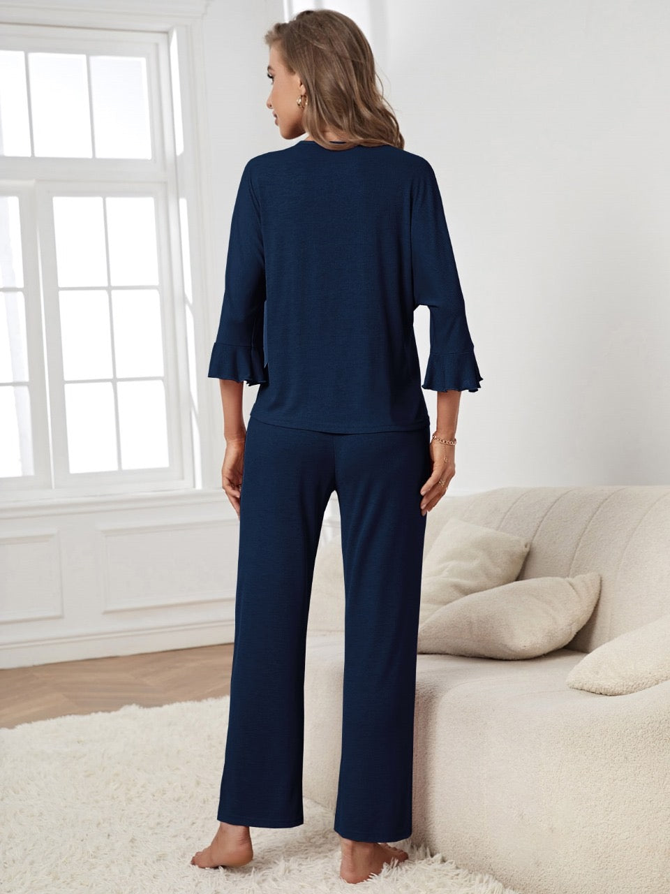 Flounce Sleeve Button Front Lounge Set