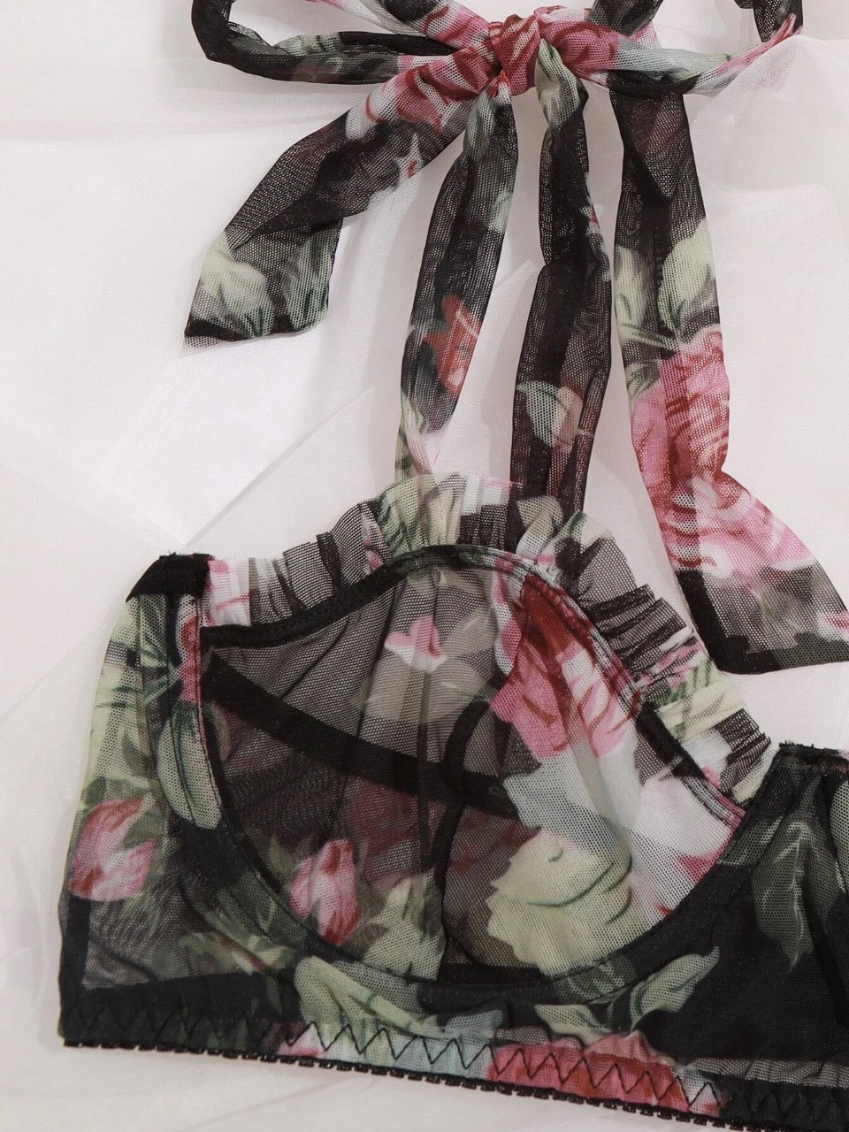 Floral Print Underwire Mesh Bra & Panty Lingerie Set